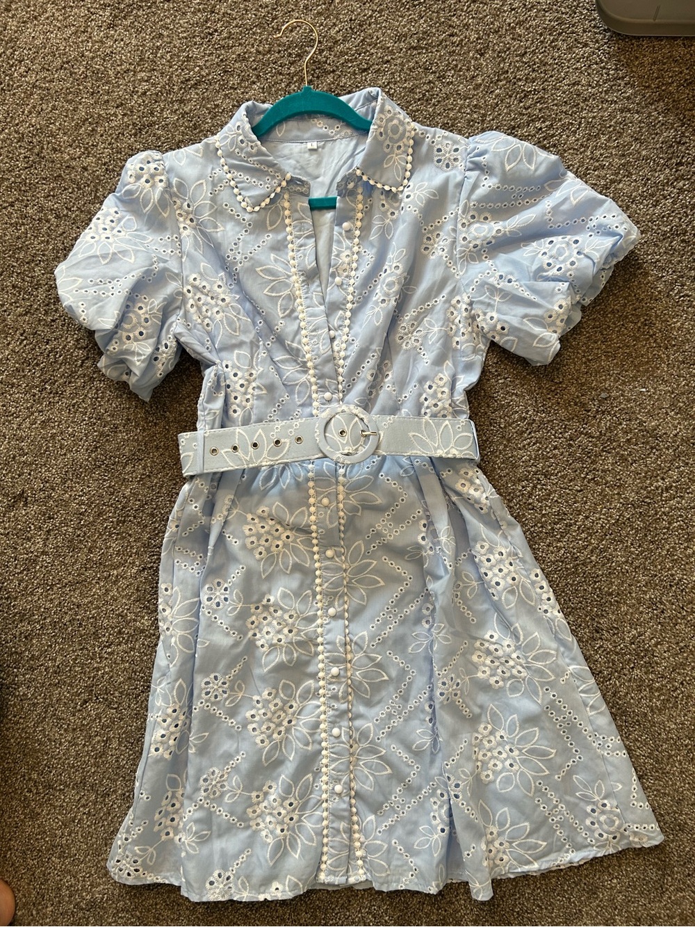 SHEIN Light Blue Eyelet Belted Shirt Dress